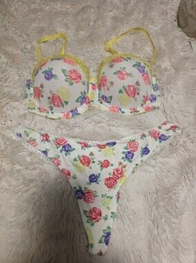 Material Girl White Floral Bra & Bikini Set with Pink Yellow & Purple Roses